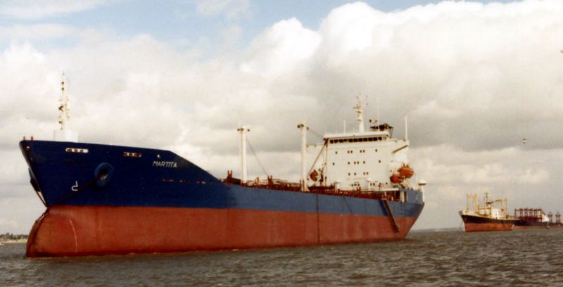 Tanker MARTITA laid up in the River Blackwater. Astern are CAPTAIN JOHN and MYRMIDON.